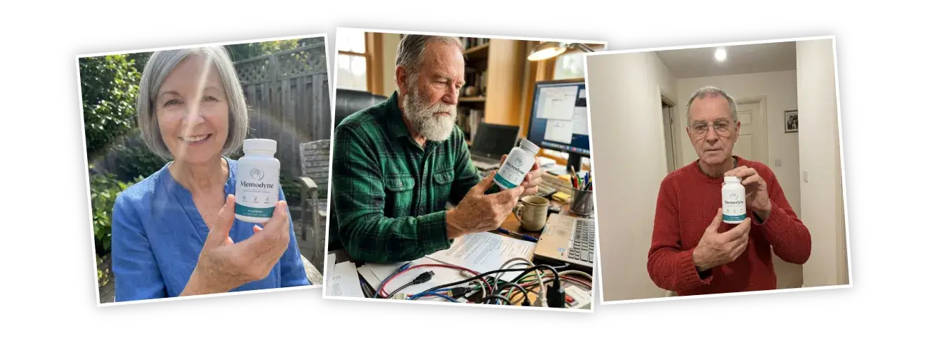Collage of everyday Memodyne customers at home with their supplement bottle