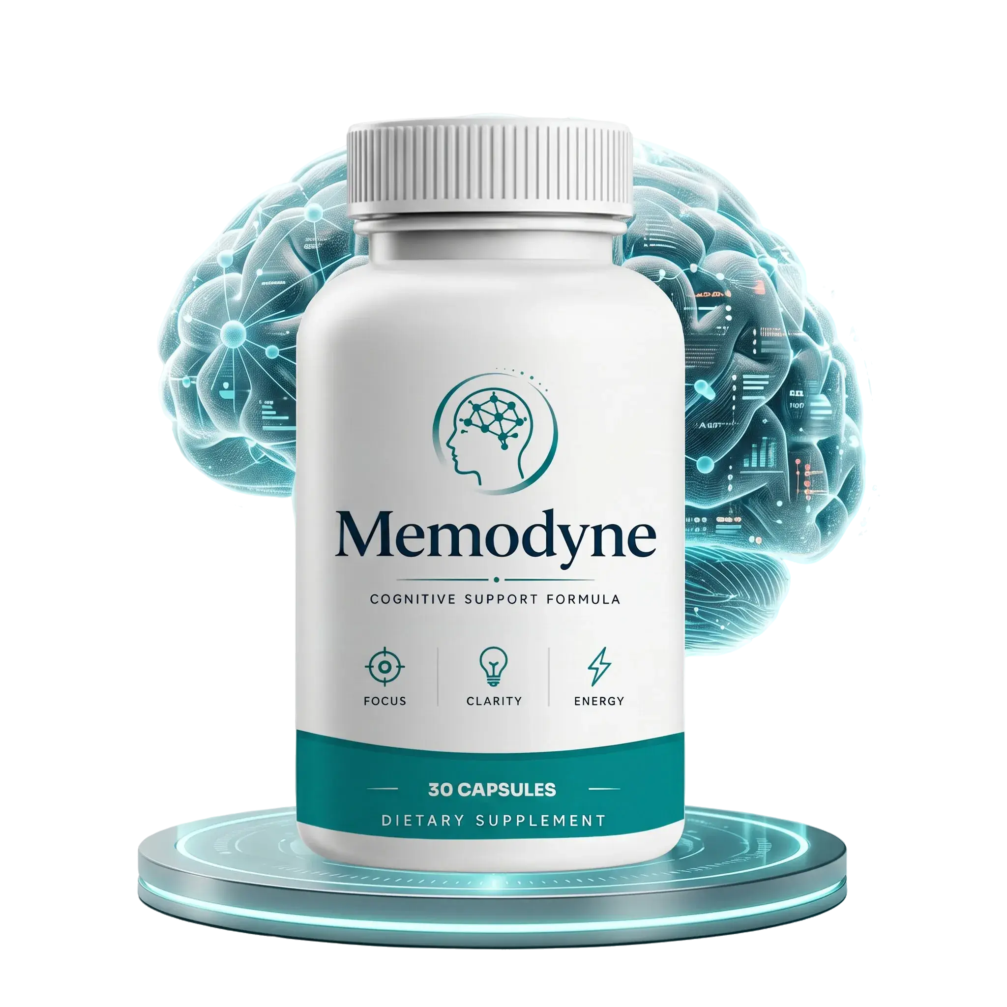 Memodyne brain health supplement bottle with cognitive support graphic